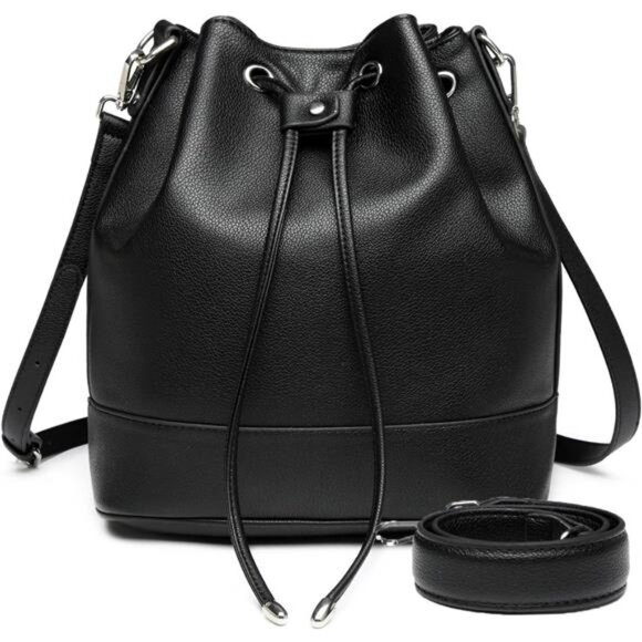 Vegan Leather Bucket Bags and Drawstring Black - Picture 1 of 6